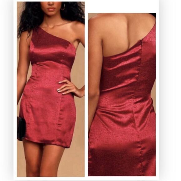 Lulus NWT Lisette Burgundy Satin One-Shoulder Mini Dress Size Small - Picture 1 of 8